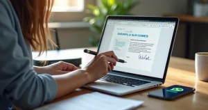 Pessoa assinando documento eletrônico em laptop com interface digital moderna