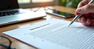 Documento de contrato de prestação de serviços sobre mesa de madeira com caneta e mãos revisando