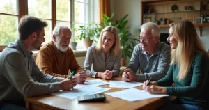 Família reunida em uma sala moderna discutindo planejamento sucessório com documentos e laptop na mesa