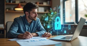 Pessoa analisando documentos e dados em laptop com gráficos digitais ao fundo