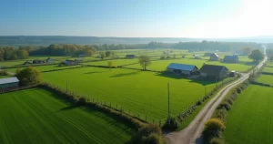 Vista aérea detalhada de um imóvel rural com terreno verde, cercas e pequenas construções